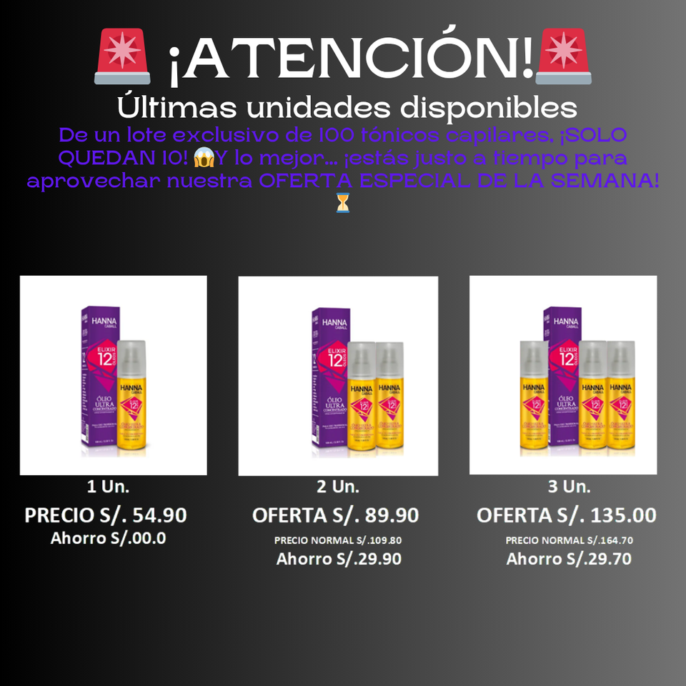 PROMOCIÓN 2 UND. X S/.89.90. OLEO ULTRA CONCENTRADO HANNA CABALL ELIXIR 12 OLEOS 50 ml. ⭐⭐⭐⭐⭐ 5000+ Clientes satisfechos.