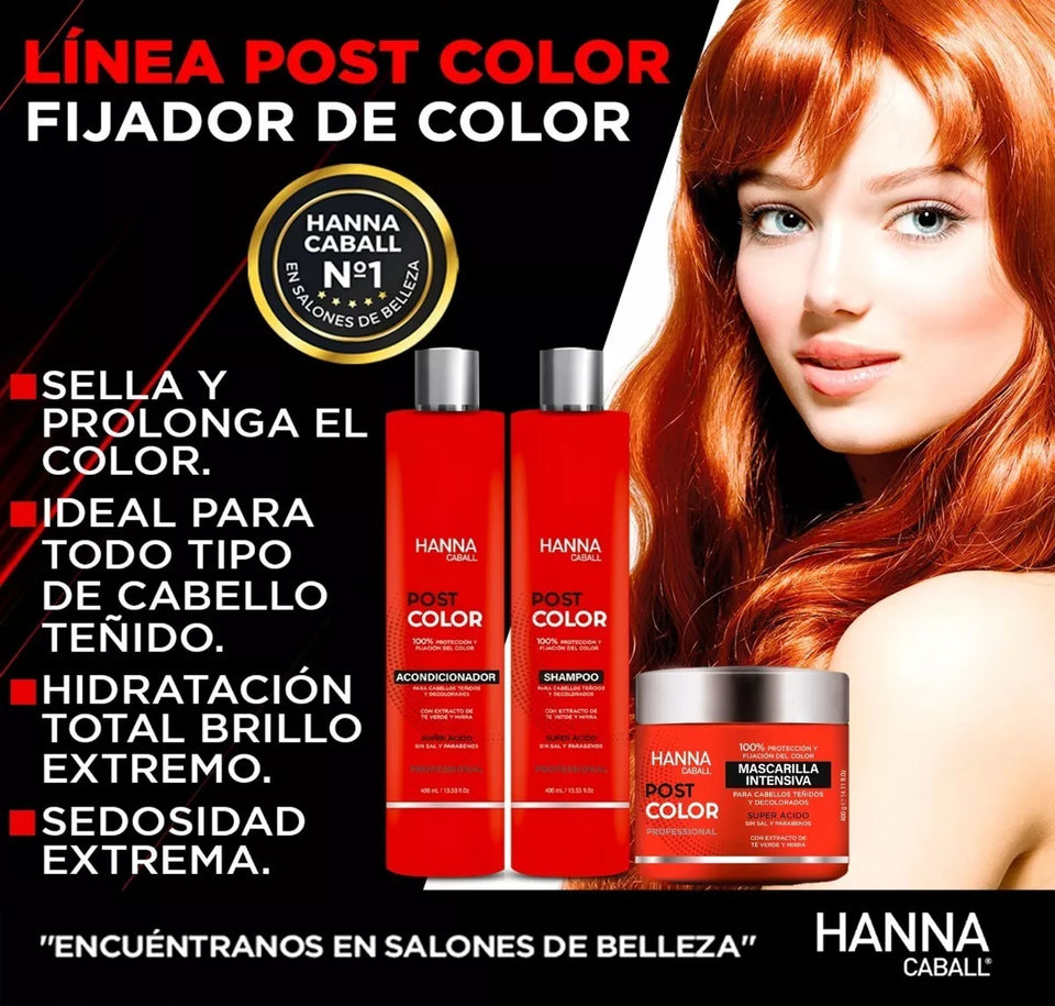 PACK 2: SHAMPOO + ACONDICIONADOR + MASCARILLA HANNA CABALL POST COLOR 400 ML.