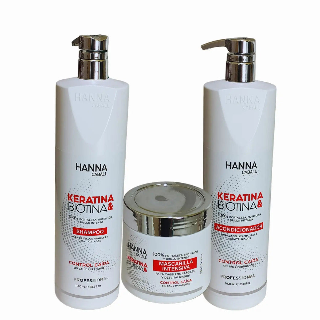 PACK 2: SHAMPOO + ACONDICIONADOR + MASCARILLA HANNA CABALL KERATINA & BIOTINA 1000 ML.