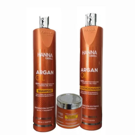PACK 2 SHAMPOO + ACONDICIONADOR + MASCARILLA HANNA CABALL ARGAN OIL 400 ML.