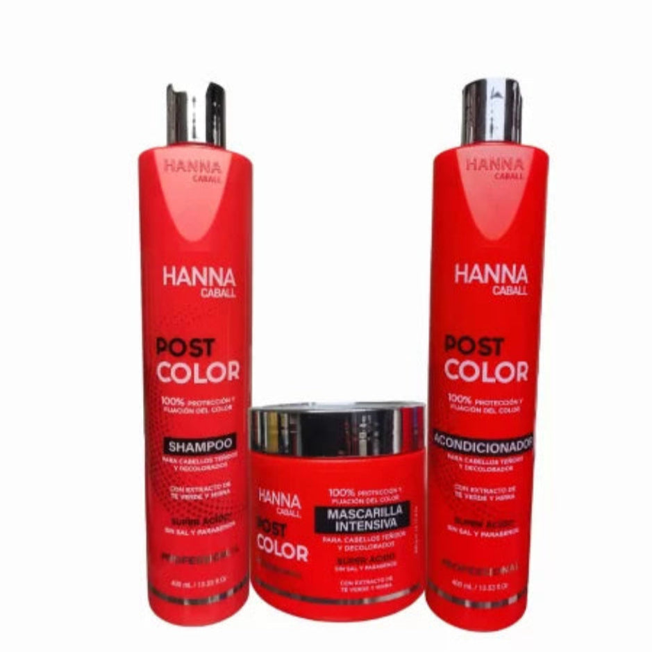 PACK 2: SHAMPOO + ACONDICIONADOR + MASCARILLA HANNA CABALL POST COLOR 400 ML.